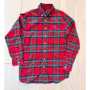 Vineyard Vines Boys Red Plaid Flannel Whale Shirt Long Sleeve Button Down L 16